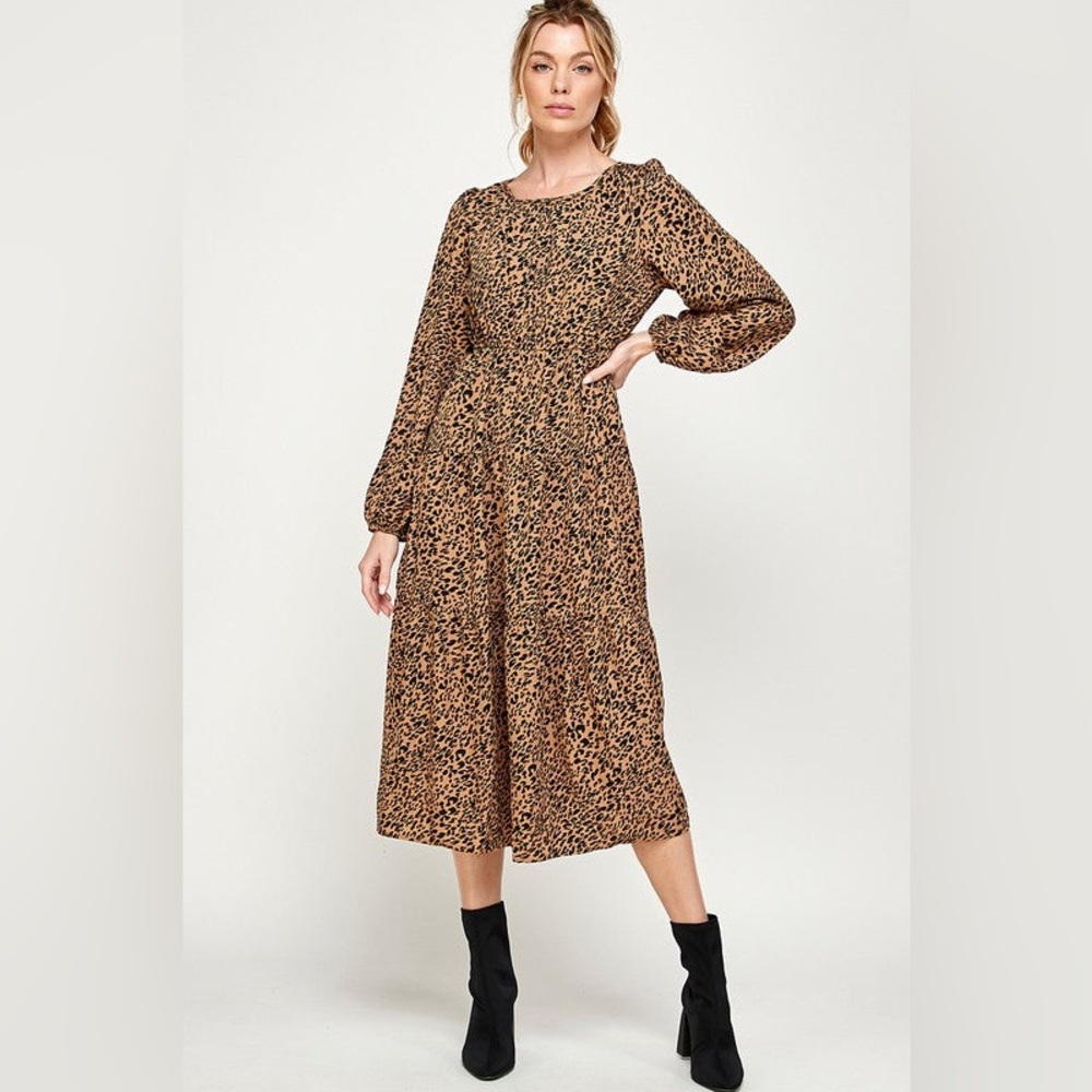 Leopard-Print Tiered Midi Dress in Tan